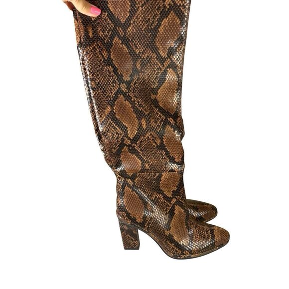 ZARA Snakeskin Print Knee High Boots Block Heel Brown Faux Leather Size US 7.5 - Picture 9 of 10